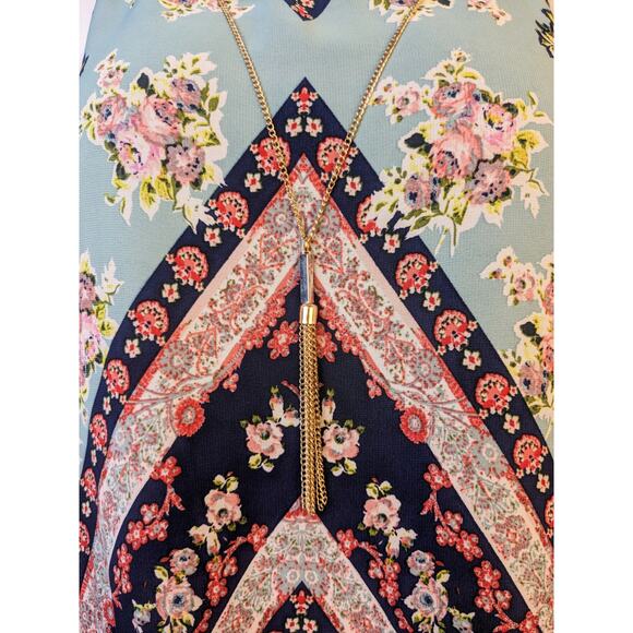 New A Byer Shift Dress Sz Large Midi Sleeveless Flowy Floral Boho Chevron Stripe - Picture 5 of 12